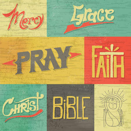 A set of vintage retro hand drawn images and words of Christian faith. Vector available. EPS file is layered and contains transparencies and a gradient mesh.のイラスト素材