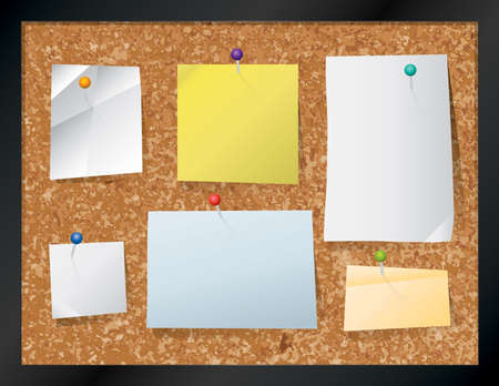 A realistic cork bulletin board with pinned pieces of paper. Vector EPS 10 available. EPS contains transparencies.のイラスト素材