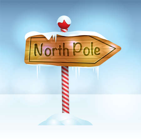 A Christmas illustration of a wooden sign in snow pointing to the North Pole. のイラスト素材