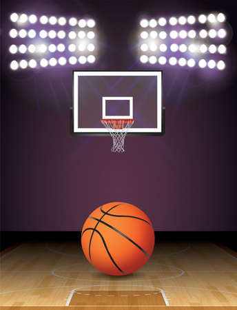 An illustration of a basketball on a hardwood court with a basketball hoop and lights. Vector EPS 10 available. EPS file contains transparencies and gradient mesh. EPS is layered.のイラスト素材