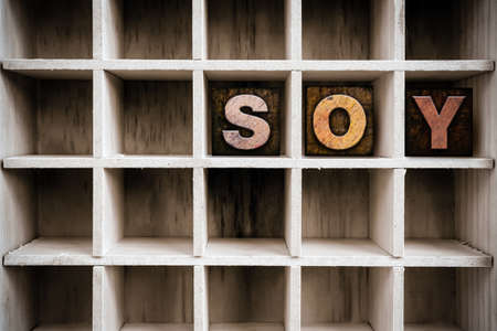 The word "SOY" written in vintage ink stained wooden letterpress type in a partitioned printer's drawer.の写真素材