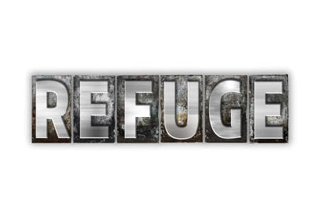 The word Refuge written in vintage metal letterpress type isolated on a white background.