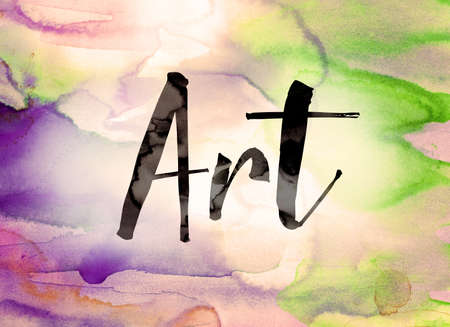 The word "Art" written in black paint on a colorful watercolor washed background.の写真素材