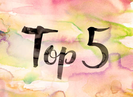 The words "Top 5" written in black paint on a colorful watercolor washed background.の写真素材