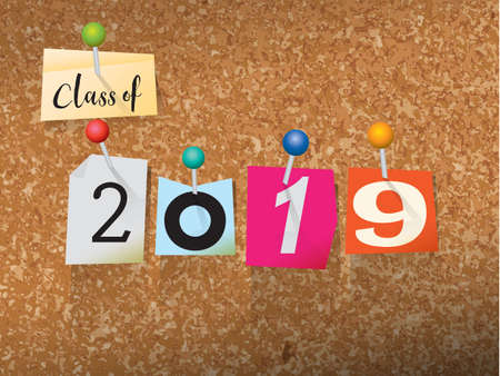 The words "CLASS OF 2019" written in cut ransom note style paper letters and pinned to a cork bulletin board. Vector EPS 10 illustration available.のイラスト素材