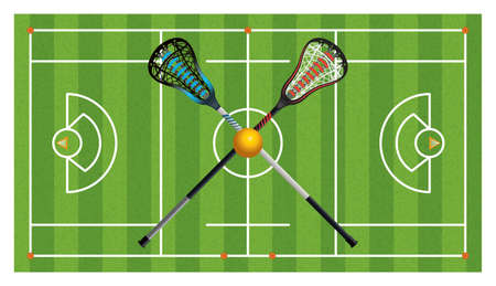 An aerial view of a realistic lacrosse field with crossed sticks and ball.のイラスト素材