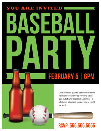 A baseball party flyer template illustration with beer, ball, and bat. Room for copy. Vector EPS 10 available.のイラスト素材