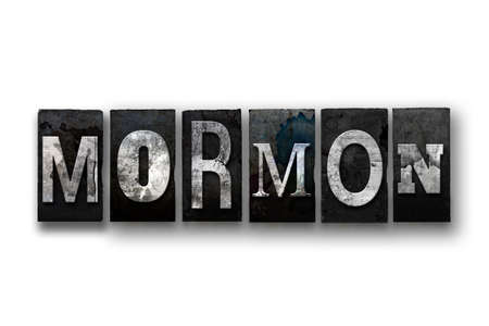 The word MORMON written in vintage, dirty, ink stained letterpress type and isolated on a white...