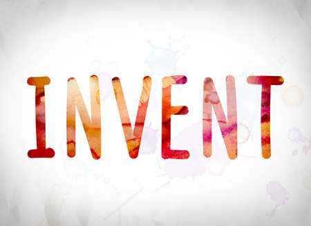 The word "Invent" written in watercolor washes over a white paper background concept and theme.の写真素材