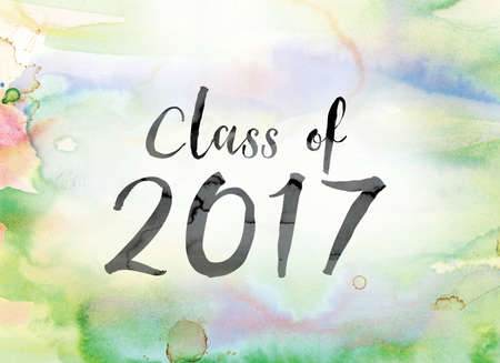 The word Class of 2017 painted in black ink over a colorful watercolor washed background concept and...