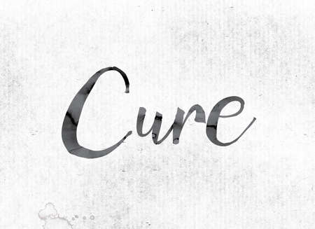 The word "Cure" concept and theme painted in watercolor ink on a white paper.の写真素材