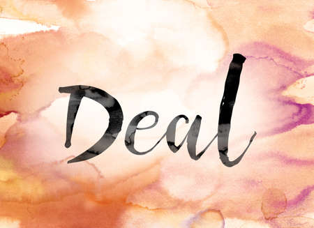 The word "Deal" painted in black ink over a colorful watercolor washed background concept and theme.の写真素材