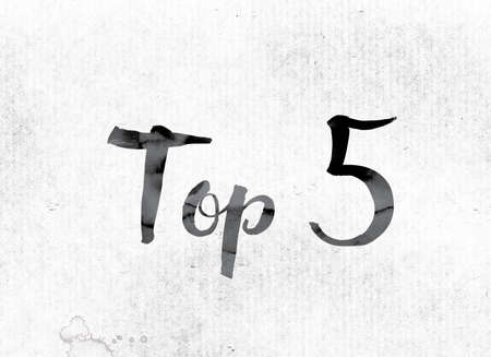The word "Top 5" concept and theme painted in watercolor ink on a white paper.の写真素材