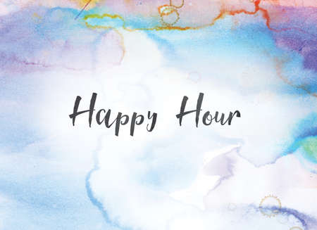 The words Happy Hour concept and theme written in black ink on a colorful painted watercolor background.の写真素材