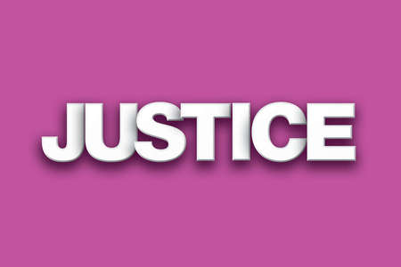The word Justice concept written in white type on a colorful background.