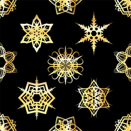 A set of gold foiled snowflakes in a background tile pattern illustration. Vector EPS 10 available.のイラスト素材