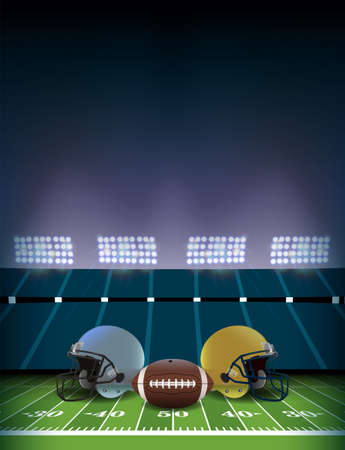 An American football stadium and field with helmets and ball illustration background.のイラスト素材