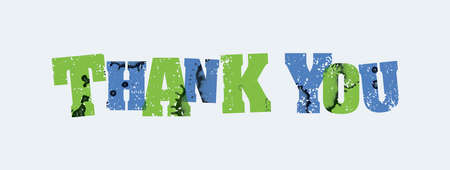 The words THANK YOU concept printed in letterpress hand stamped colorful grunge paint and ink.のイラスト素材