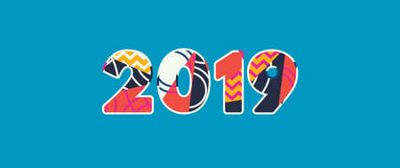 The year 2019 concept written in colorful abstract typography. Vector EPS 10 available.のイラスト素材