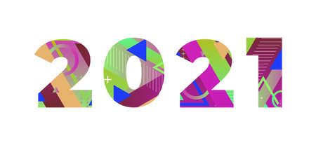 The word 2021 concept written in colorful retro shapes and colors illustration.