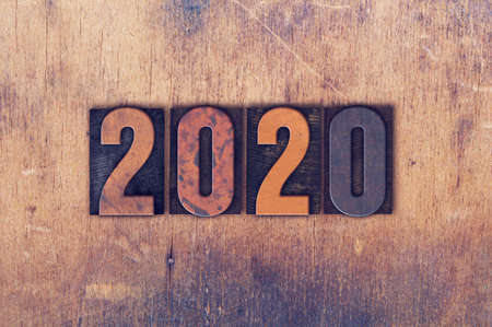 The year 2020 written in old vintage letterpress type.の写真素材