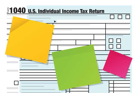 Yellow, Green, and Pink notes stuck to a United States Income Tax Return form illustration.
