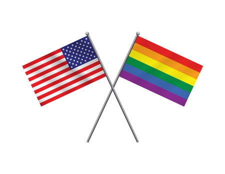 An American and LGBTQ rights flag crossed on a white background illustration.のイラスト素材