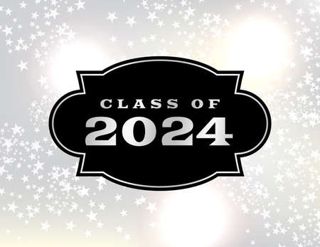 A black graduation emblem on a starry silver sparkle sky with Class of 2024 illustration.のイラスト素材