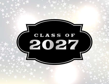 A black emblem on a starry silver sparkle sky with Class of 2027 illustration.のイラスト素材