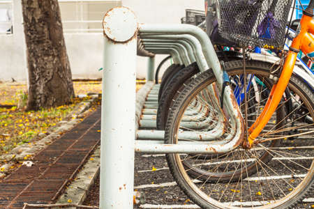 The bicycle parking in residence the morning の写真素材