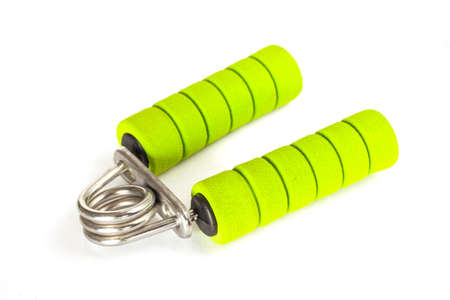 Steel hand gripper isolated on white backgroundの写真素材