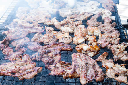 pork and chitterlings grill street food in thailandの写真素材