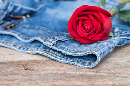 Red rose and jeans on wood backgroundの写真素材