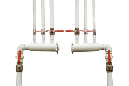Water distribution white pipes and valves controlの写真素材
