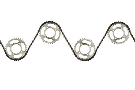 Roller chains with sprockets for motorcycles on white backgroundの写真素材