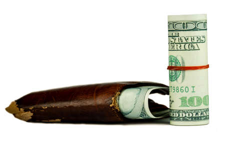 brown leather wallet with money isolated on white backgroundの写真素材