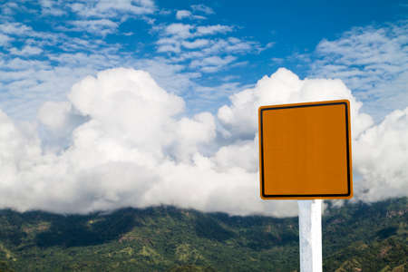 Blank labels on the mountain and clouds backgroundの写真素材