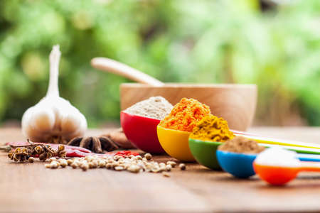 Various and herbs colorful spices on green backgroundの写真素材