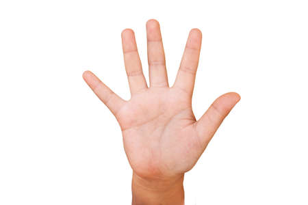 child hand shows the number five isolated on white background