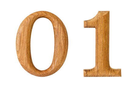 Number 0 and 1. made from wood isolated on white background with clipping pathの写真素材