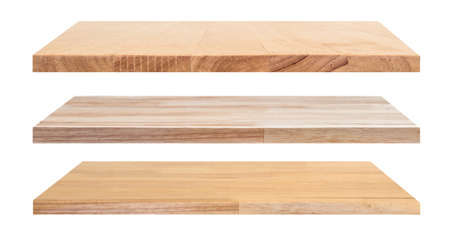 Wooden shelves isolated on a white backgroundの写真素材
