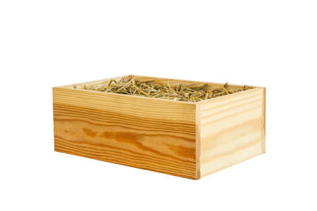 wooden box with straw isolated on white background, for product display montage