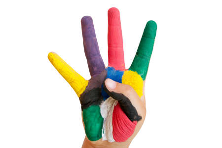 painted children hand, isolated on white backgroundの写真素材