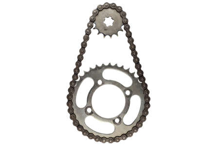 Roller chains with sprockets for motorcycles on white background