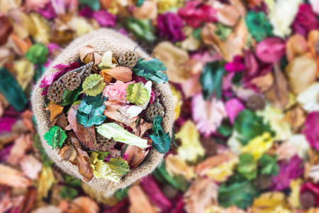 Colorful of dry leaves with aroma. leaf background