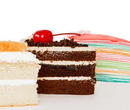 Chocolate cake , cream cake and crepe cake isolated on white backgroundの写真素材