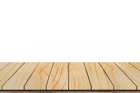 Empty wooden shelf isolated on white background, for product display montageの写真素材