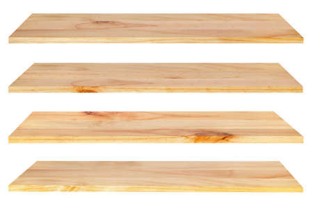 empty wooden shelf isolated on white backgroundの写真素材