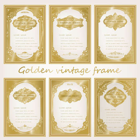 set of golden vintage frame with beautiful filigree, decorative border, premium decor elements and wedding label, vector illustrationのイラスト素材
