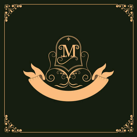 monogram luxury with decorative frame in vintage style and retro border for premium invitation cards or design product royal, calligraphic elegant elements, ornament vectorのイラスト素材